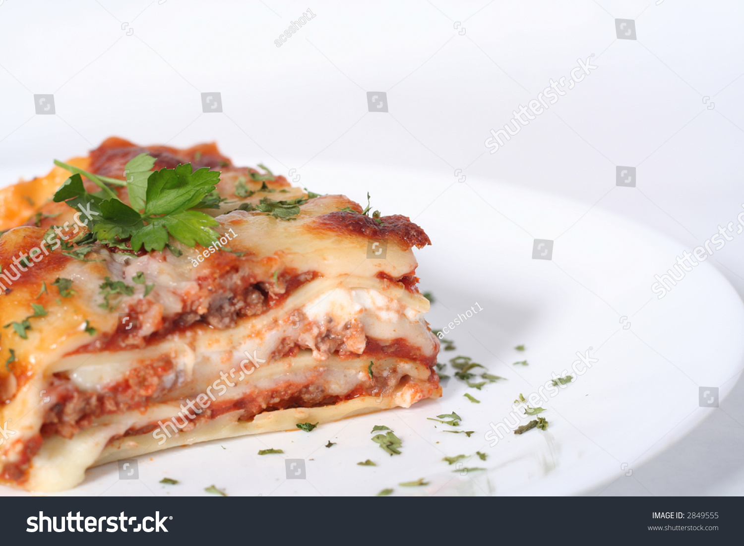 Italian Lasagna Garnished With Parsley On A White Plate Against A White ...