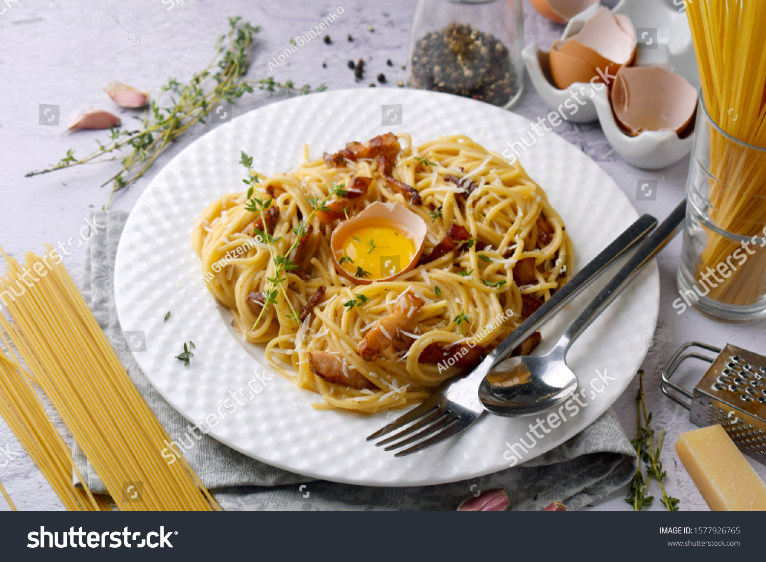 Italian Pasta Carbonara Bacon Parmesan Yolk Stock Photo Edit Now 1577926765