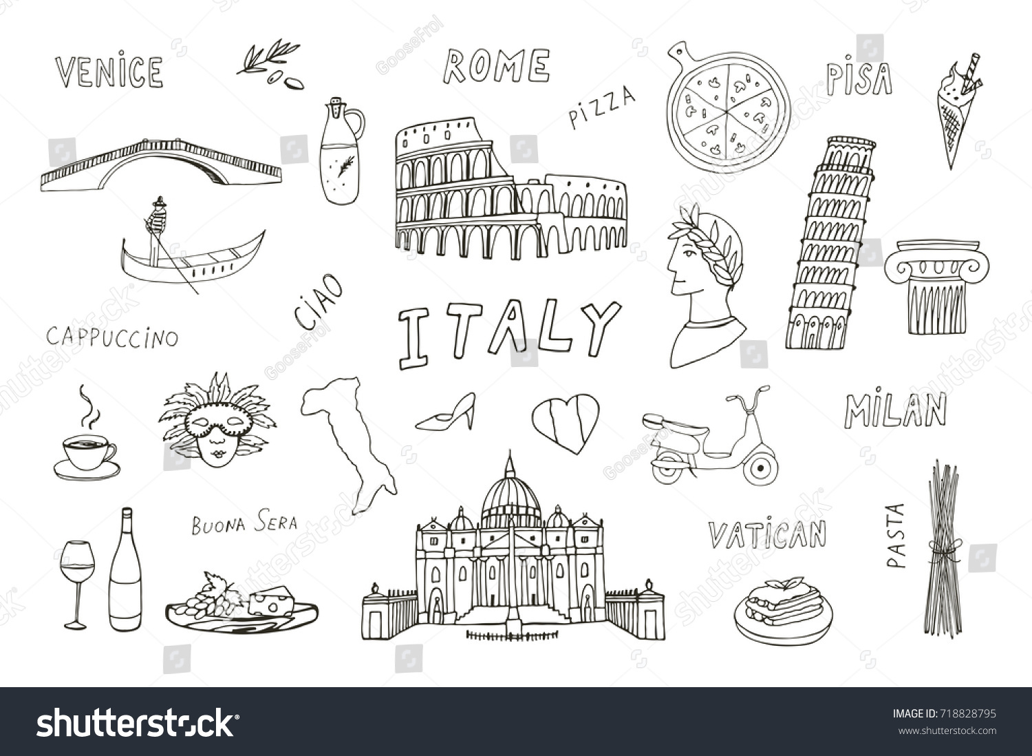 Italy Hand Drawn Doodle Illustrations Landmarks Stock Illustration ...