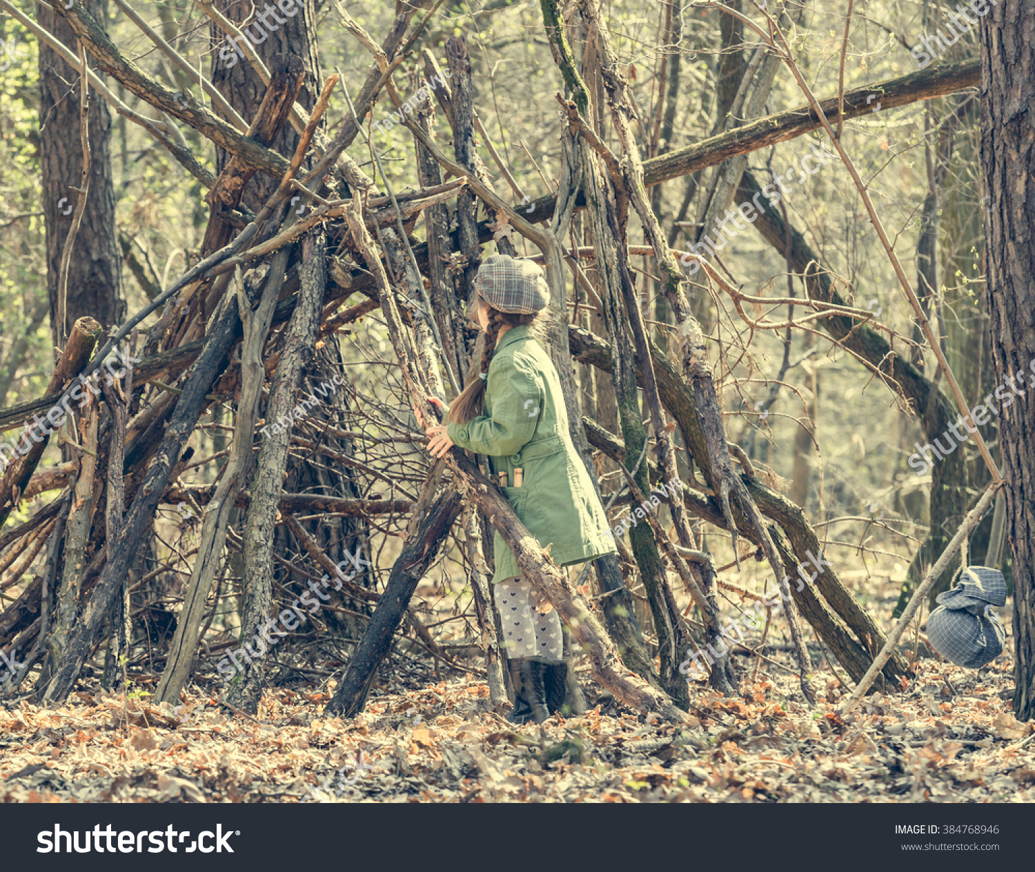 Ittle Cute Girl Builds Hut Woods Stock Photo (Edit Now) 384768946