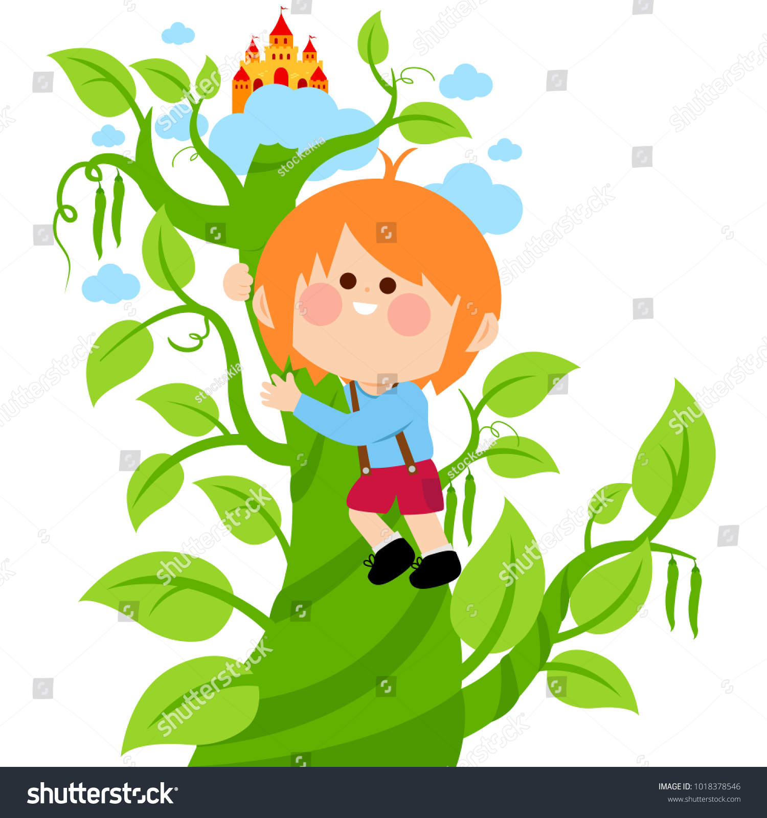 Jack Climbing On Magic Beanstalk Reach Stock Illustration 1018378546