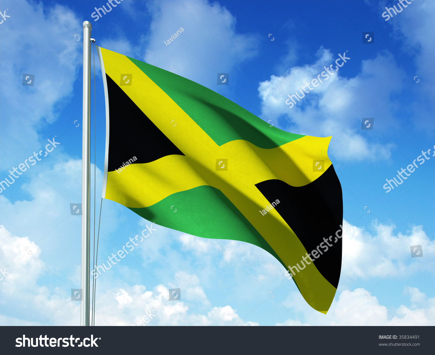 Jamaican Flag In Blue Sky Background - 3d Rendered Image Stock Photo ...