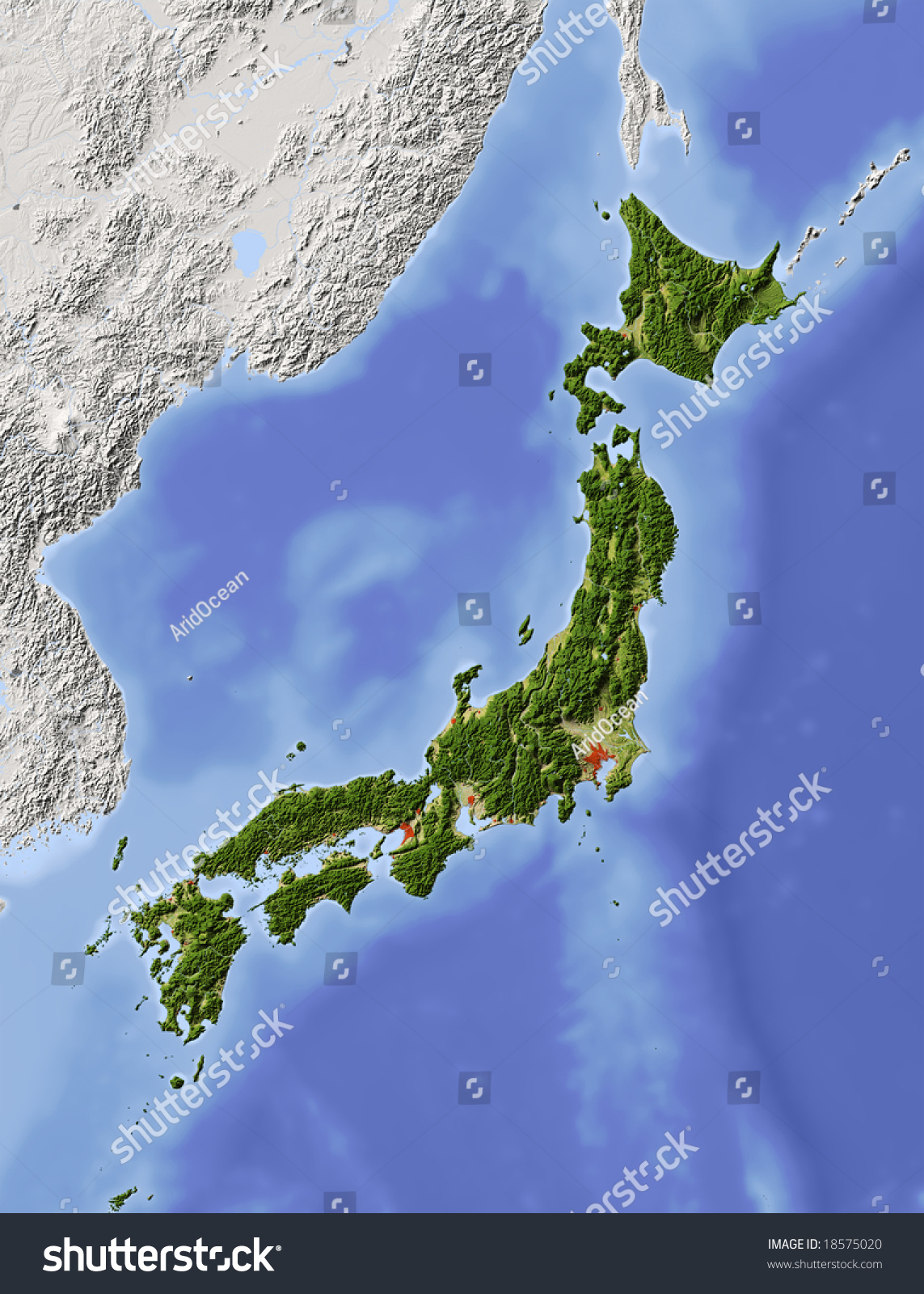 Japan Shaded Relief Map Major Urban Stock Illustration 18575020