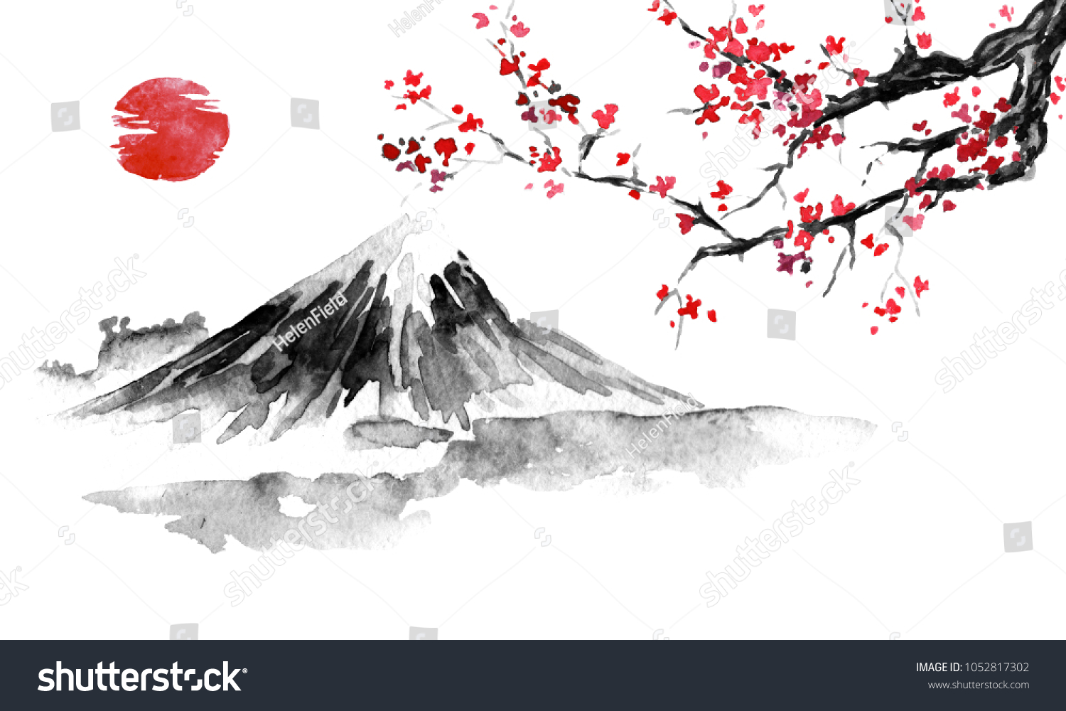 日本の伝統的な墨絵 富士山桜夕日 日本太陽 墨絵 日本の絵 のイラスト素材