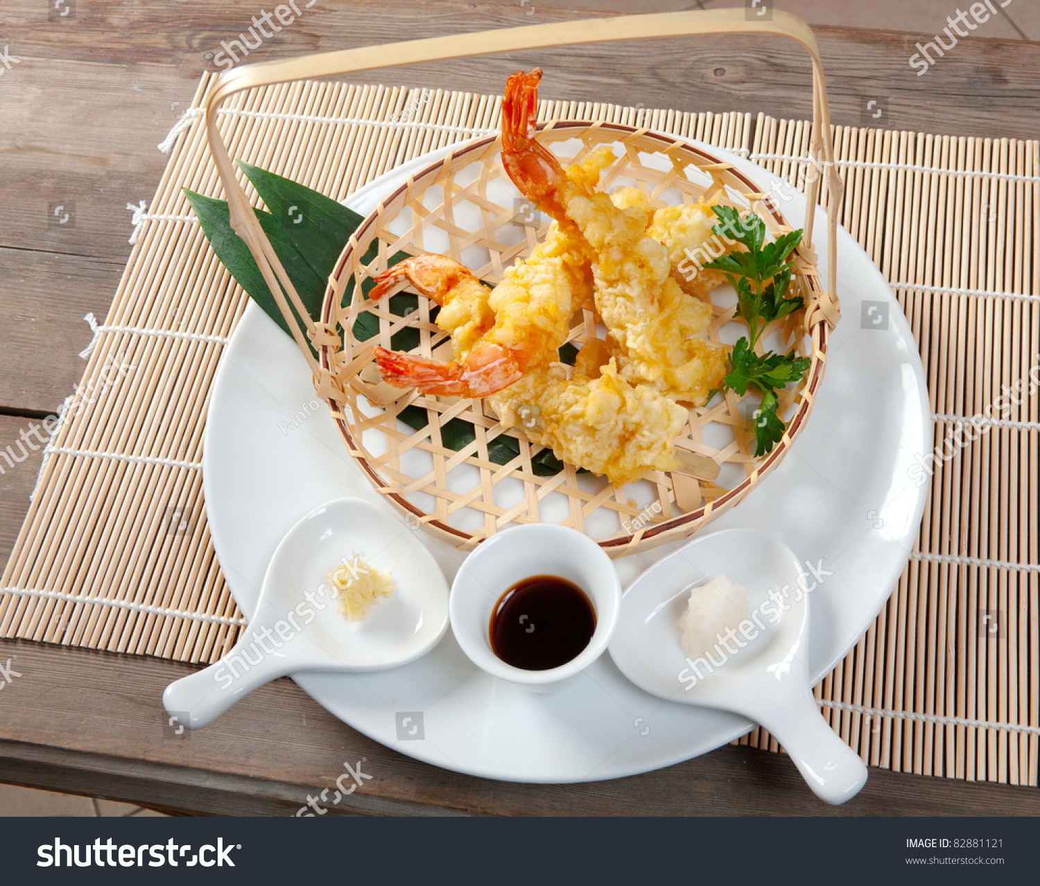 Japanese Fried Tempura With Shrimp In Braided Basket Stock Photo ...