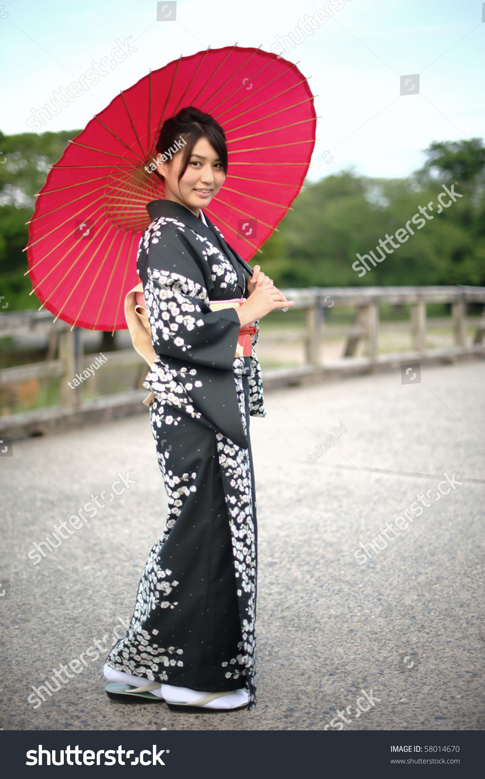 Japanese Kimono Felame With Red Traditional Umbrella Stock Photo ...