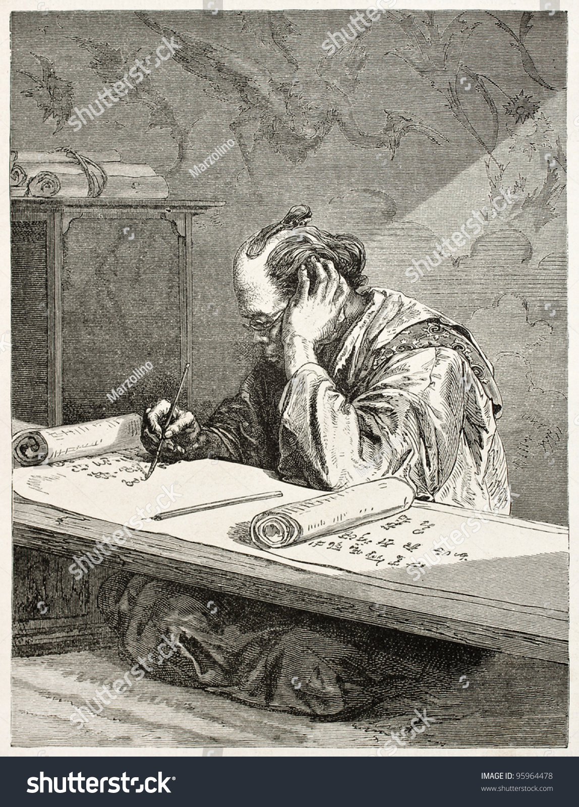 Japanese Scribe Old Engraved Portrait. Created By Neuville After Sketch ...