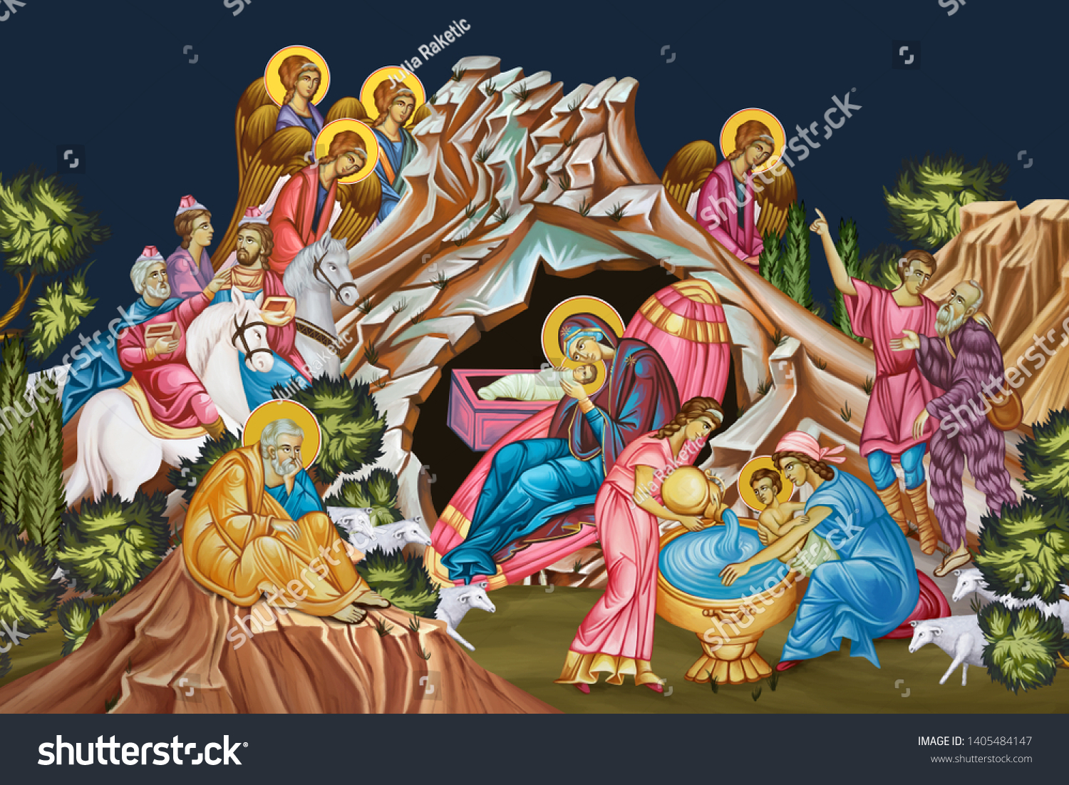 Jesus Birth Christmas Religious Illustration Fresco Stock Illustration ...