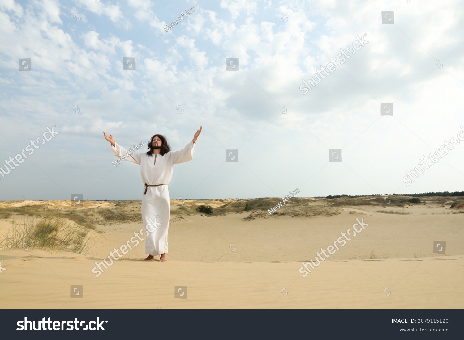 Jesus Christ Raising Hands Desert Space Stock Photo (Edit Now) 2079115120