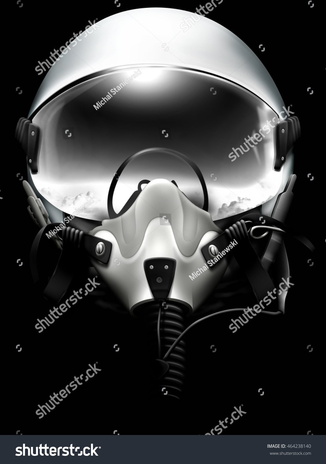 黒い背景にジェット戦闘機のパイロットヘルメット モノクロ図面 のイラスト素材