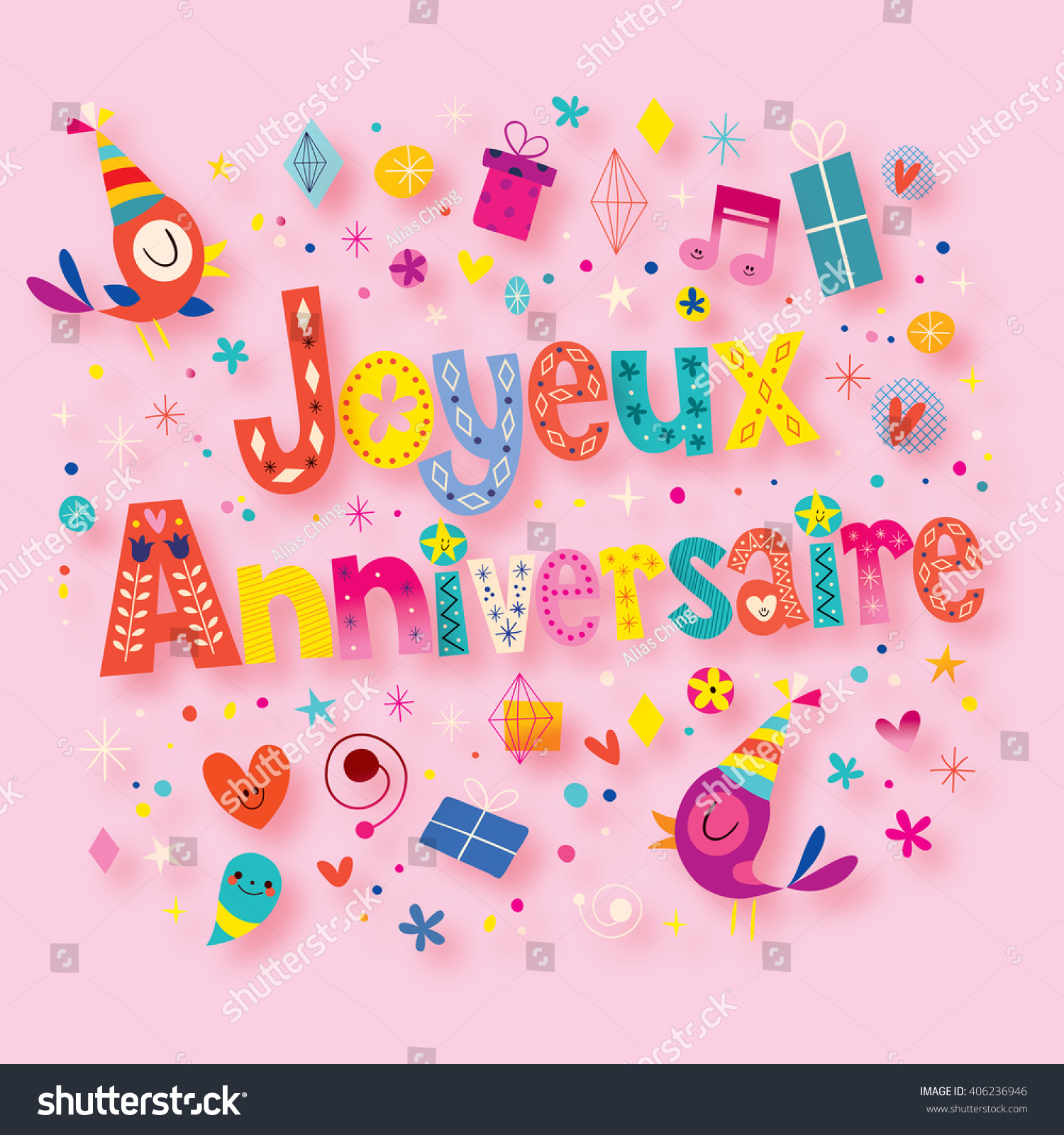 Joyeux Anniversaire Happy Birthday French Card Stock Illustration