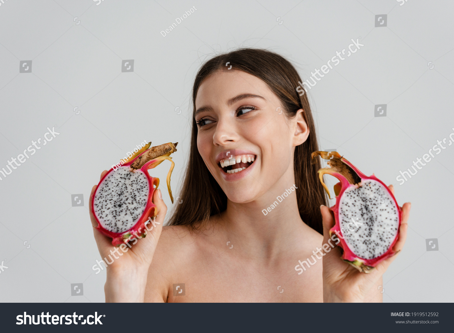 Joyful Shirtless Girl Smiling While Posing Foto Stock 1919512592 Shutterstock 