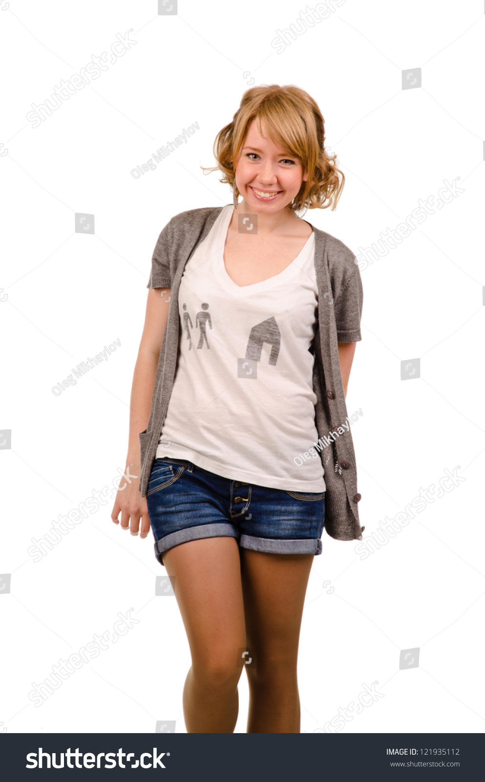 Joyful Young Blonde Woman With A Beautiful Smile Posing In Trendy Denim ...