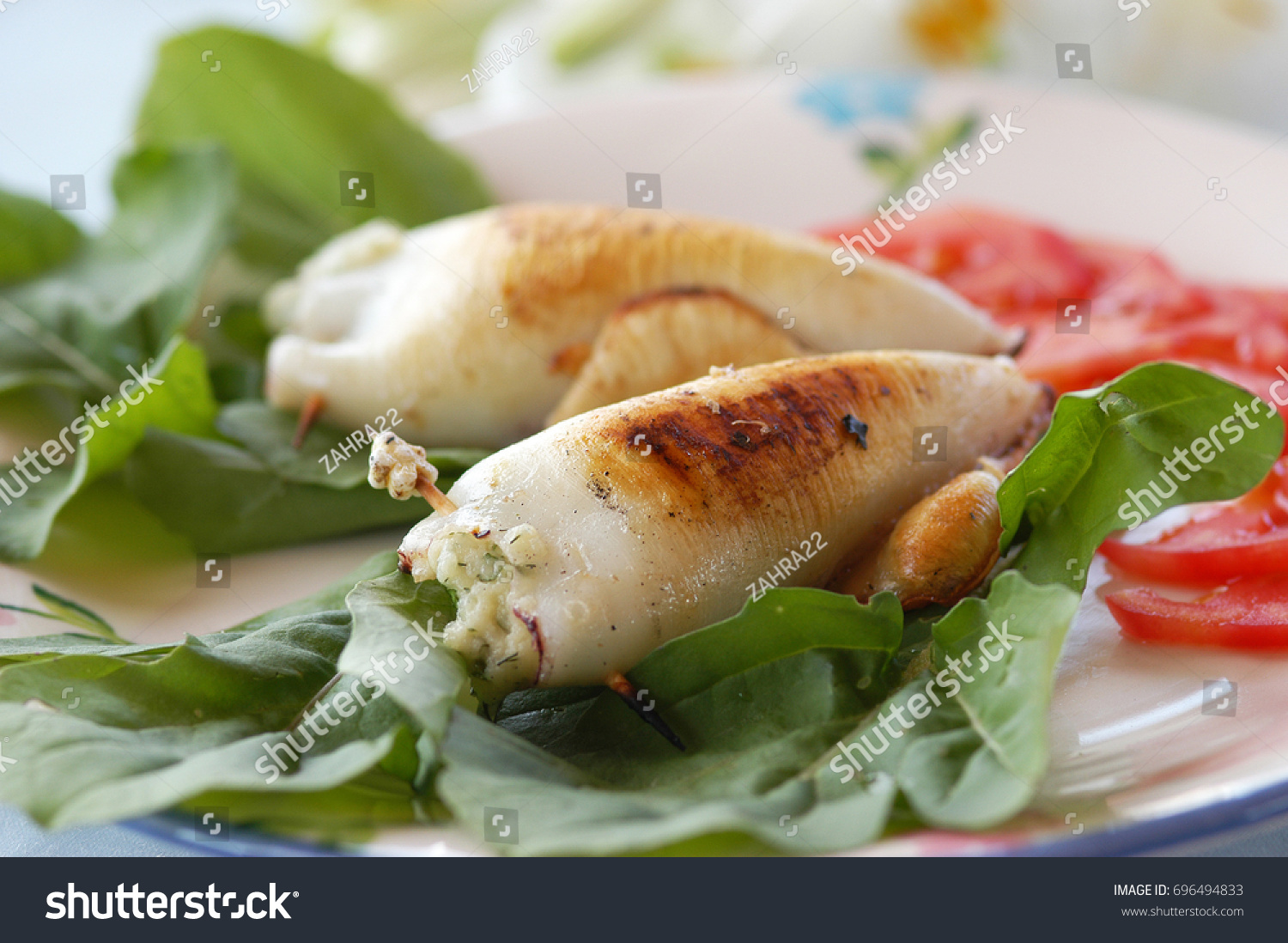 Kalamar Dolma Stuffed Calamary Tomatoes Calamari Food And Drink Stock Image 696494833