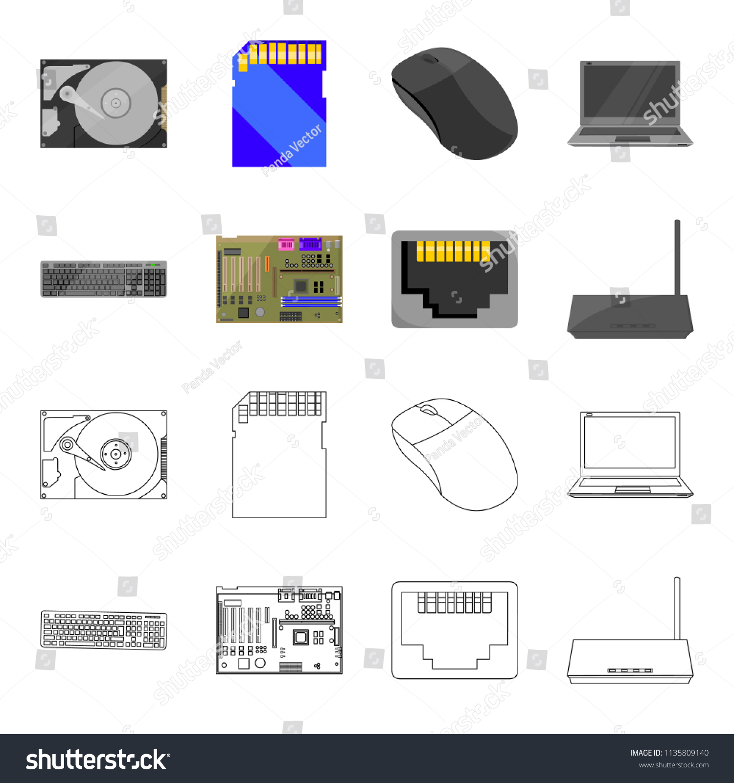 Keyboard router motherboard connector personal computer stock computer motherboard assembly keyboard, router, motherboard and connector personal computer set collection icons in cartoon,outline style bitmap symbol stock illustration web