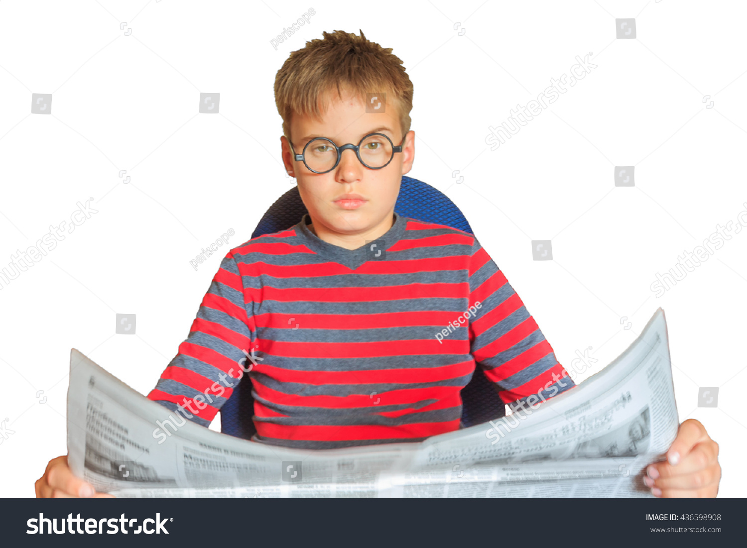 Kid Boy Funny Glasses Reads Newspaper Stock Photo Edit Now