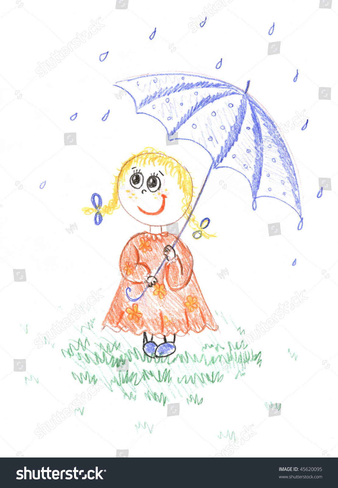 Kid Girl Umbrella Drawing Stock Illustration 45620095