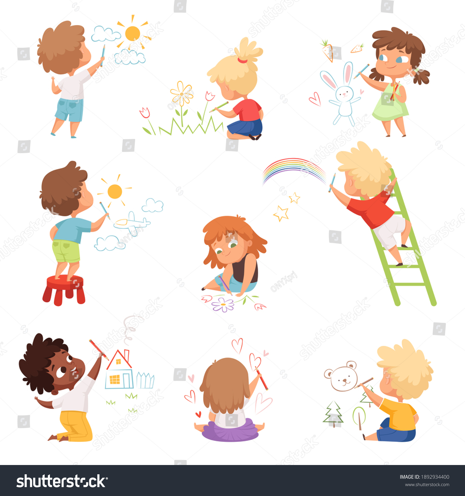 Kids Artists Childrens Playing Drawing Painting Stock Illustration ...