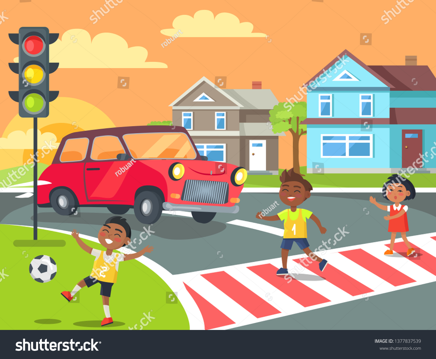 Kids Crossing Road Red Car Giving Stock Illustration