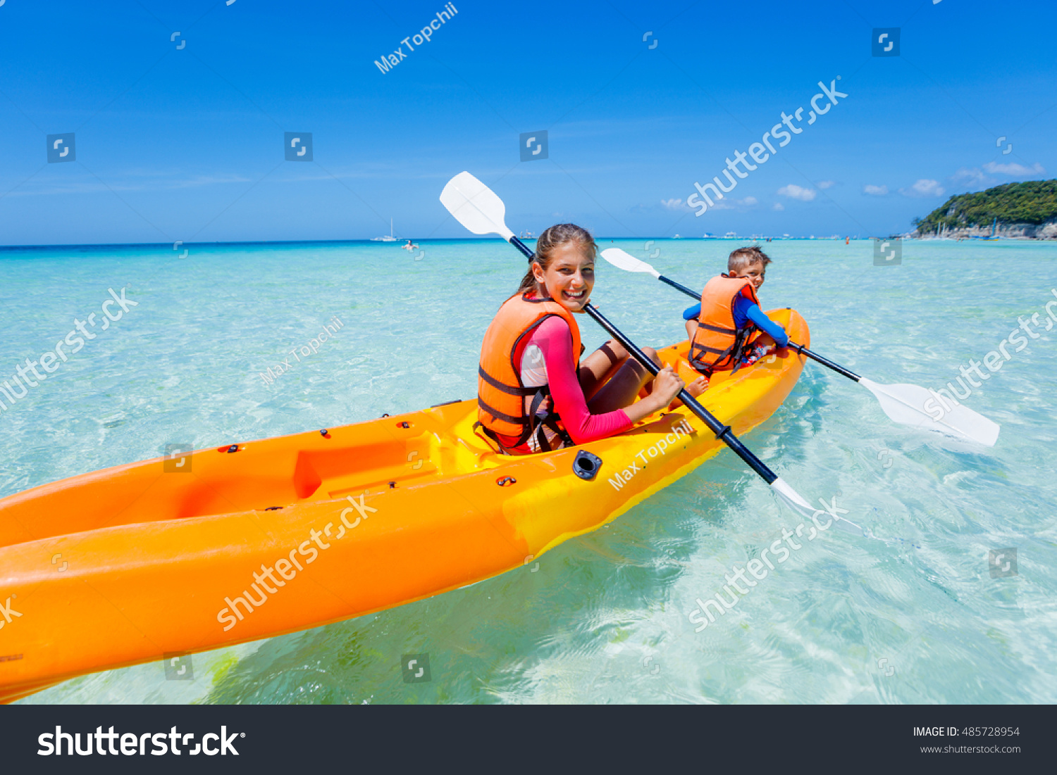 Kids Enjoying Paddling Orange Kayak Tropical Stock Photo 