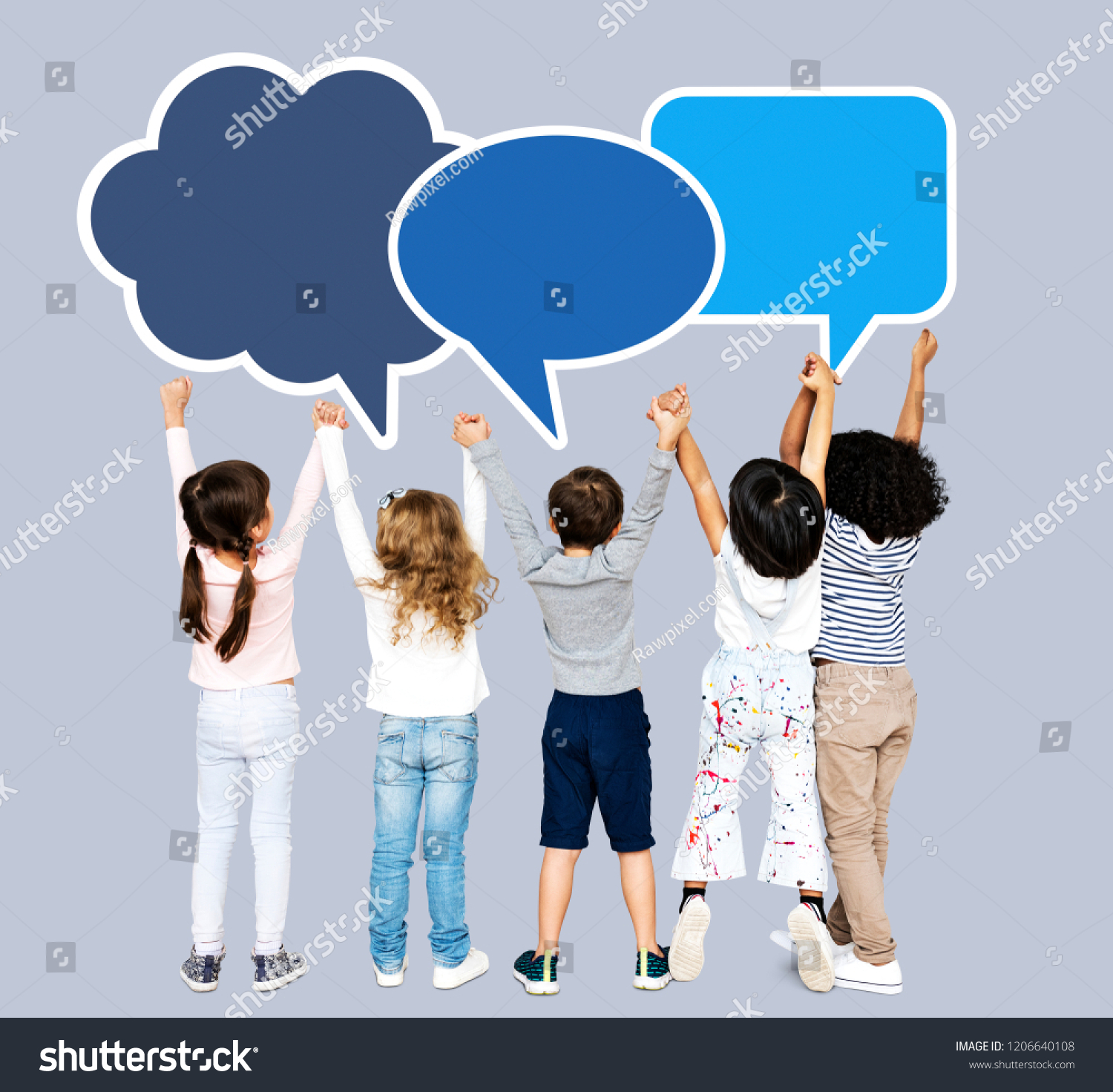 Kids Holding Hands Looking Speech Bubbles Stock Photo (Edit Now) 1206640108