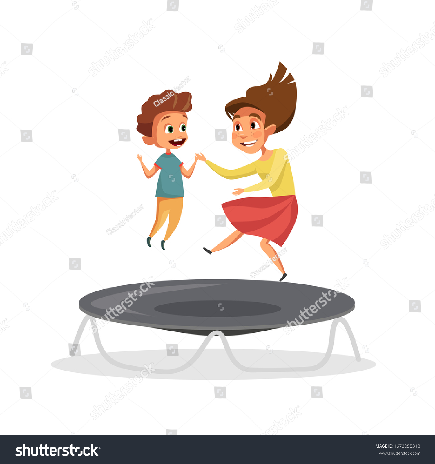 Kids Jumping On Trampoline Little Brother 库存插图 1673055313 | Shutterstock