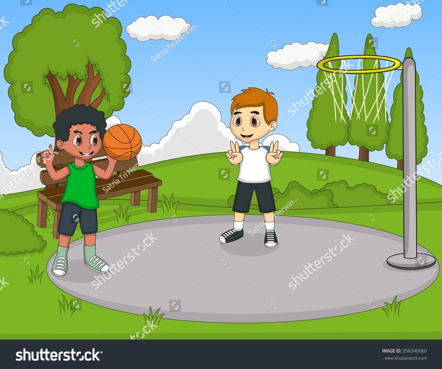 Kids Playing Basketball Park Cartoon Stock Illustration 358340060 ...