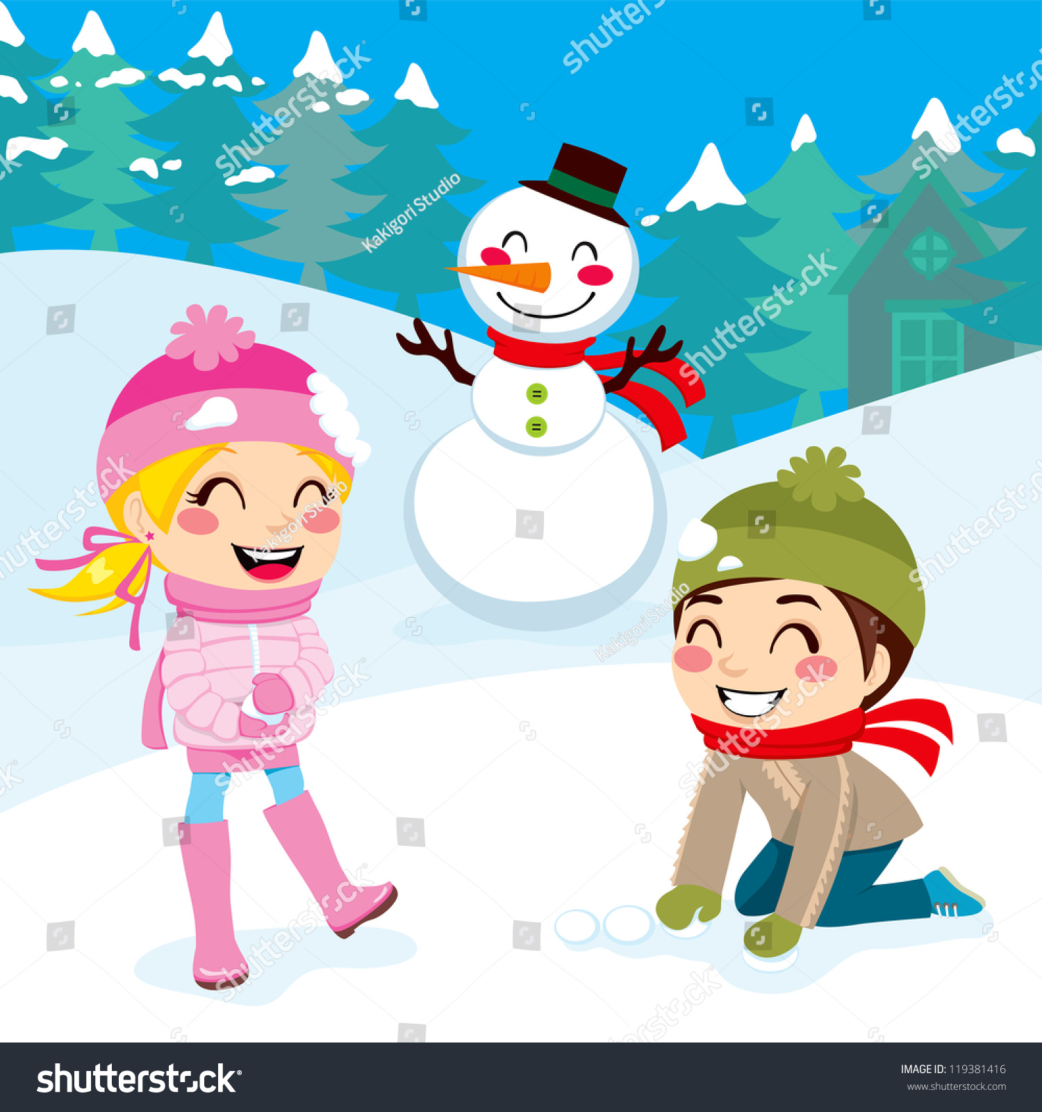 Kids Playing Snowball Fight And Making Snowman Outdoors On Snowed ...