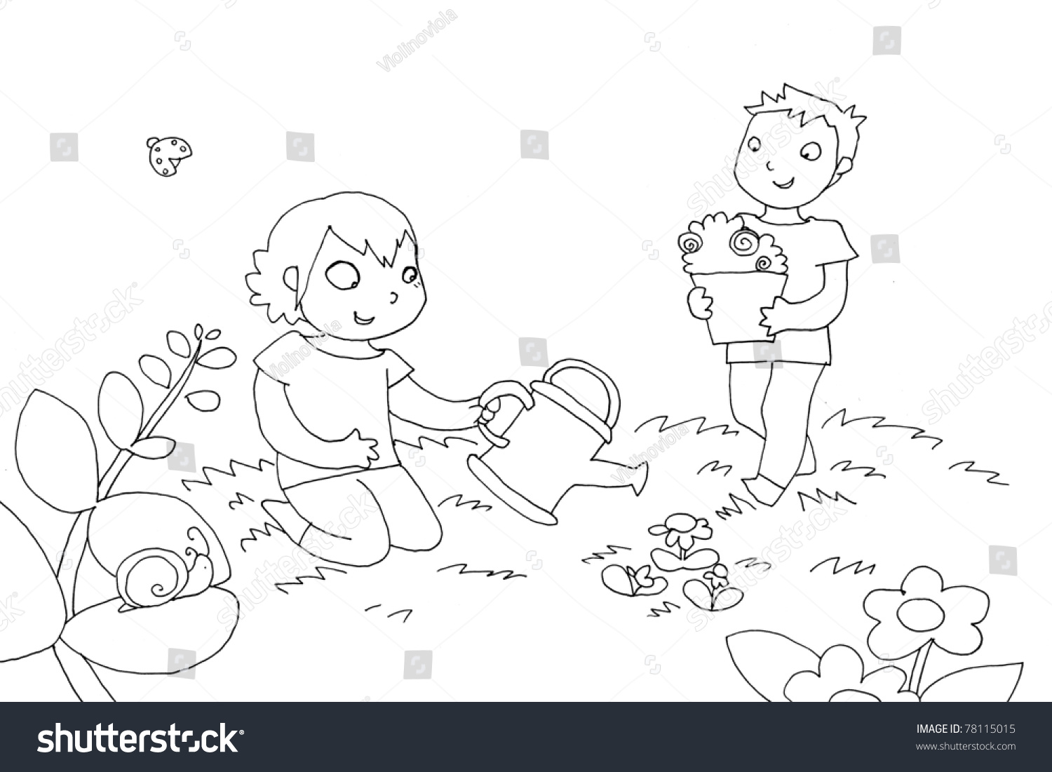 Kids Watering Plant. Black And White Illustration - 78115015 : Shutterstock