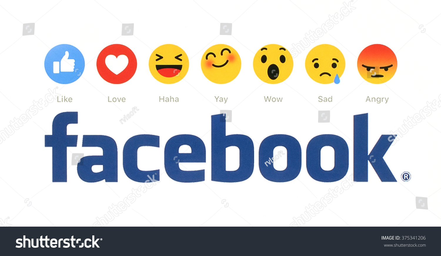 Kiev, Ukraine - February 9, 2016: New Facebook like button 6 Empathetic Emoji Reactions printed on white paper. Facebook is a well-known social networking service.