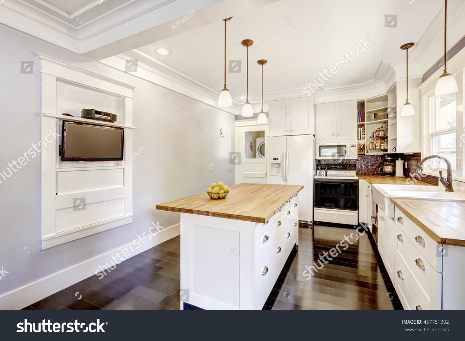 Kitchen Interior White Tones Hardwood Counter Royalty Free