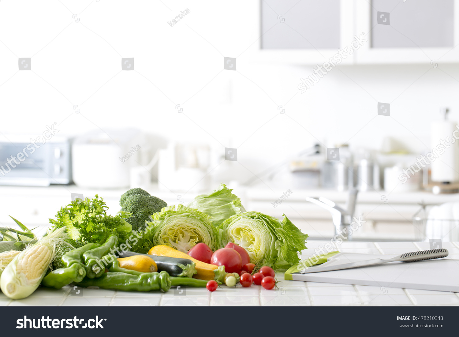 kitchen set with fruits and vegetables