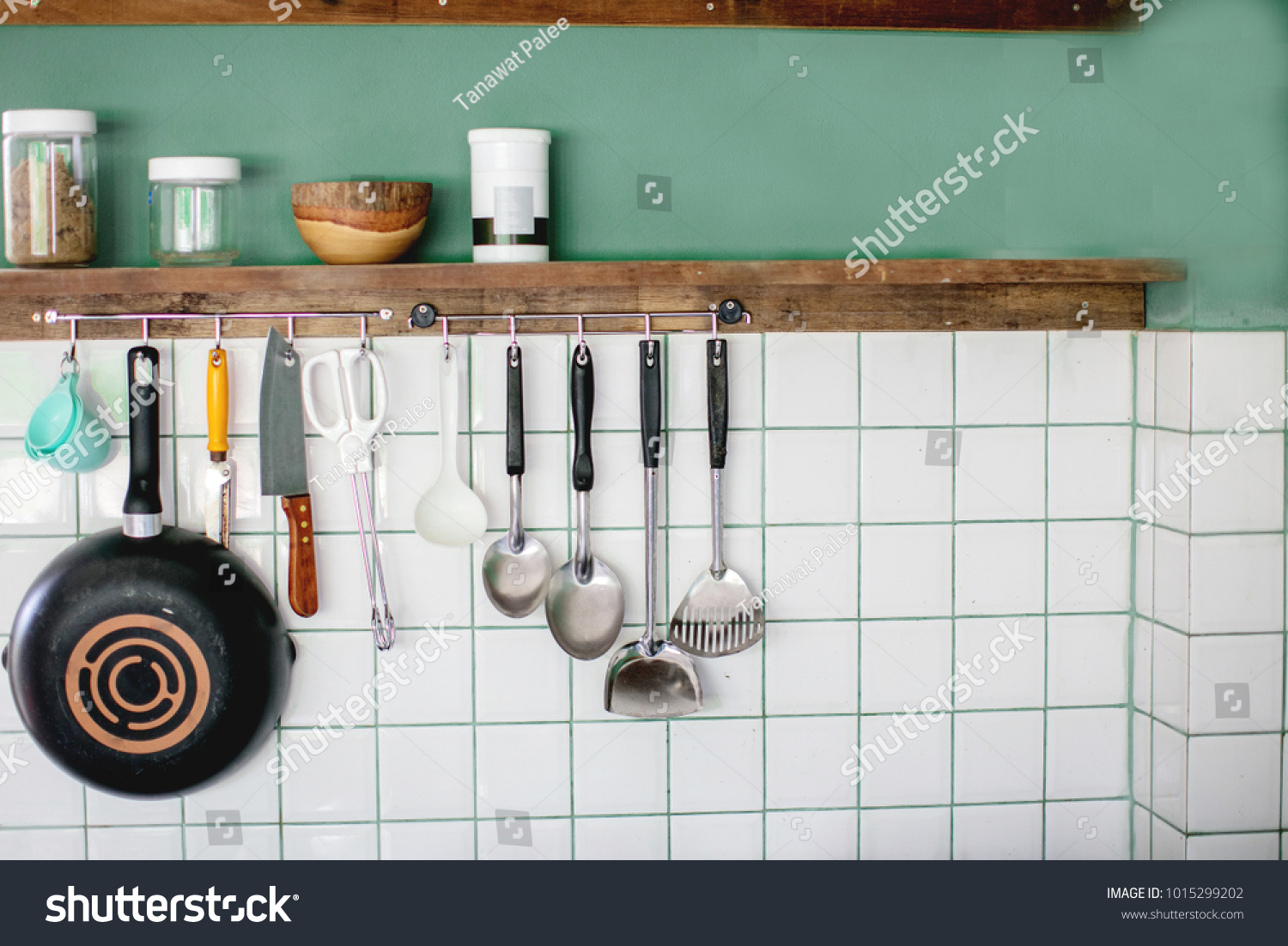 Kitchen Utensils On Work Top Modern Stock Photo Edit Now