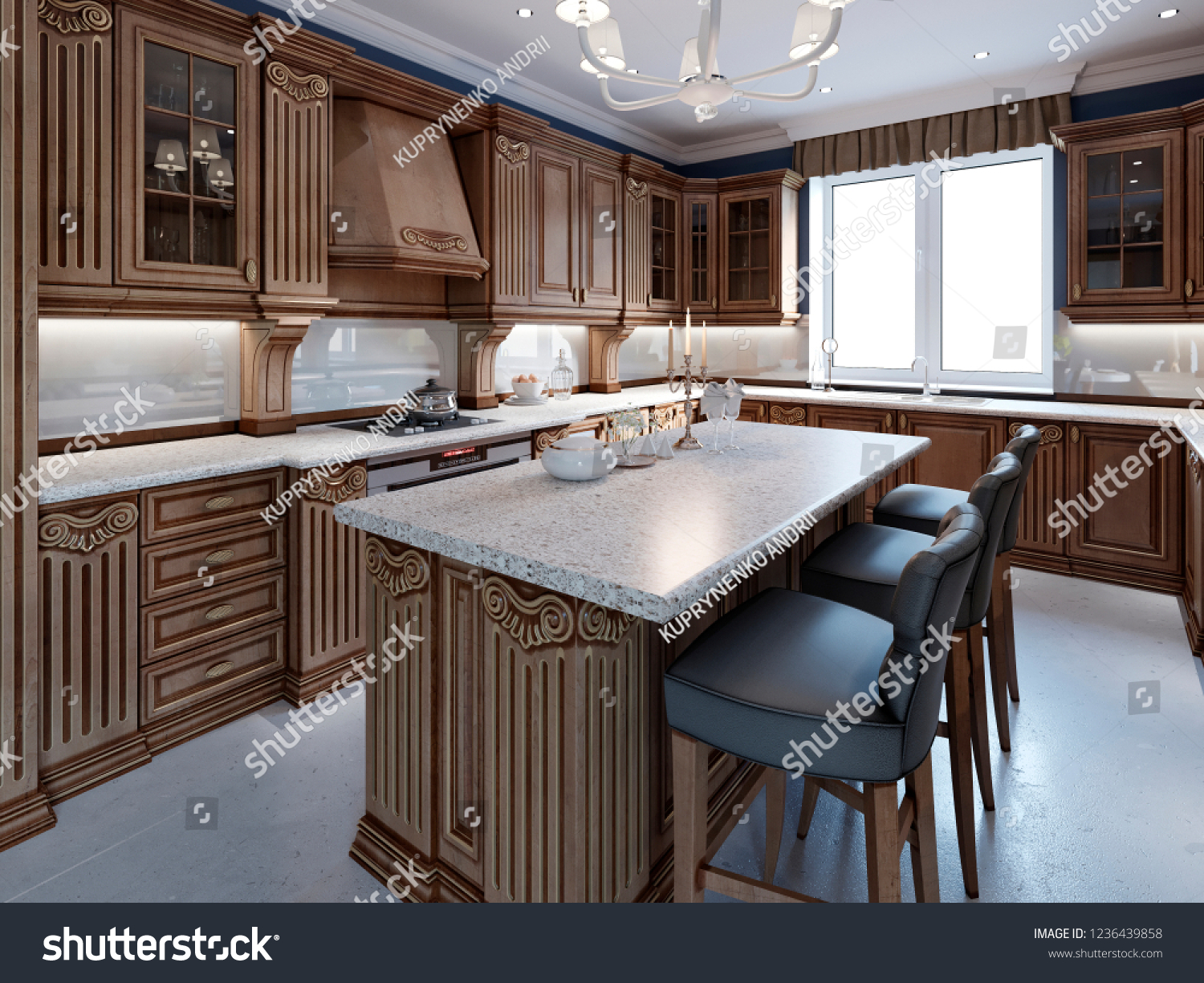 Kitchen Granite Island Cherry Wood Cabinetry Stock Illustration