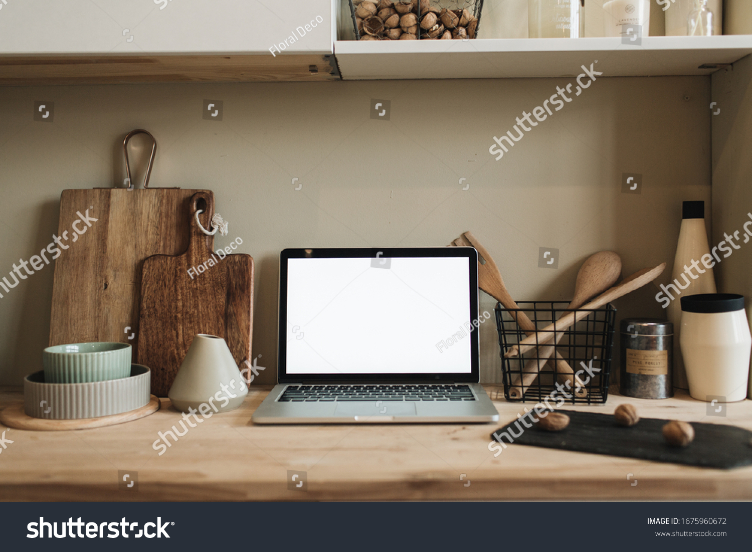 Stock Photo Kitchen Workspace With Blank Copy Space Mock Up Laptop Screen Modern Stylish Kitchen Interior 1675960672 
