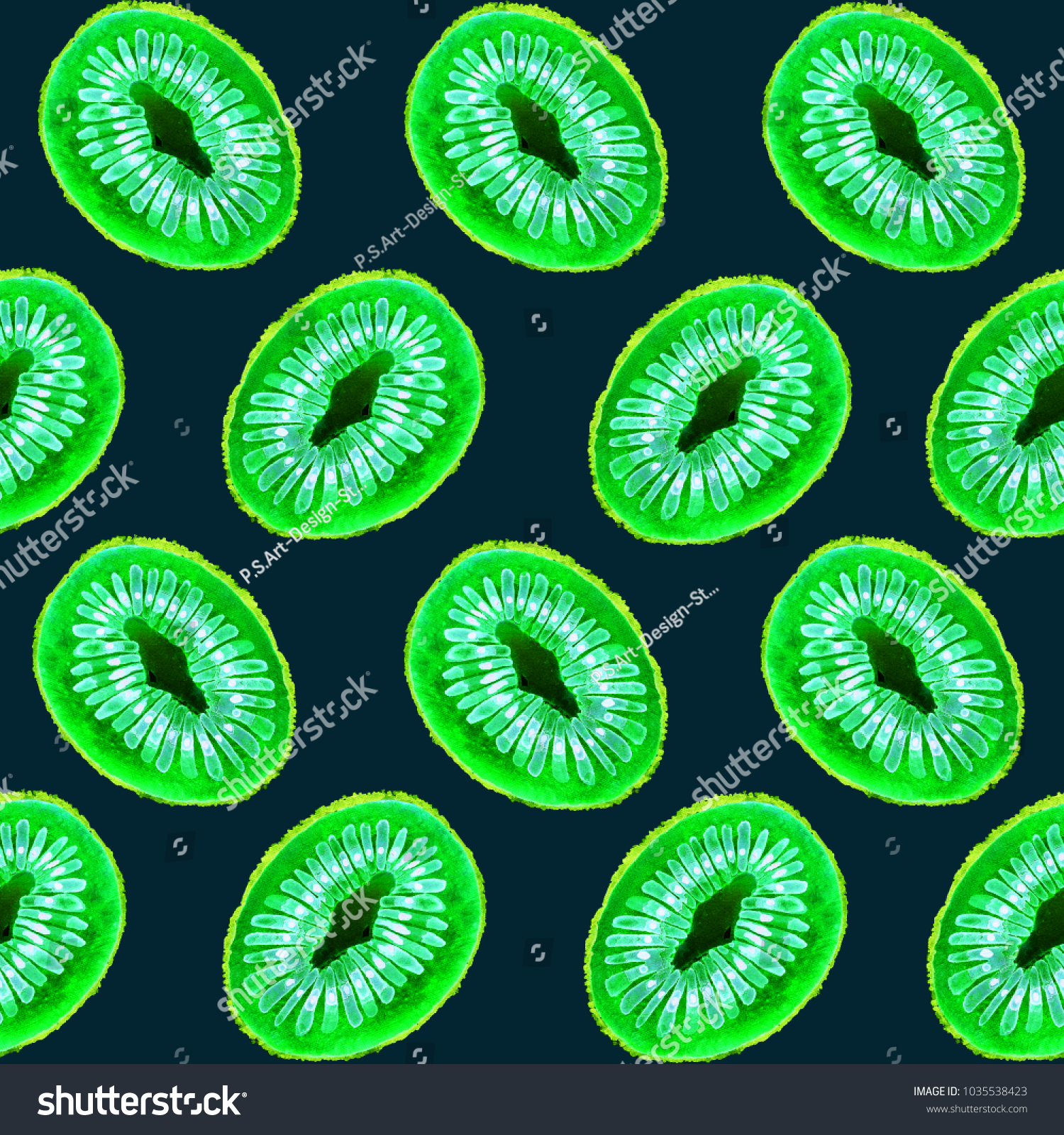 Kiwifruit Cut Half Slices, Green Neon Color Palette, Seamless Pattern Kiwifruit Cut Half Slices, Green Neon Color Palette, Seamless Pattern