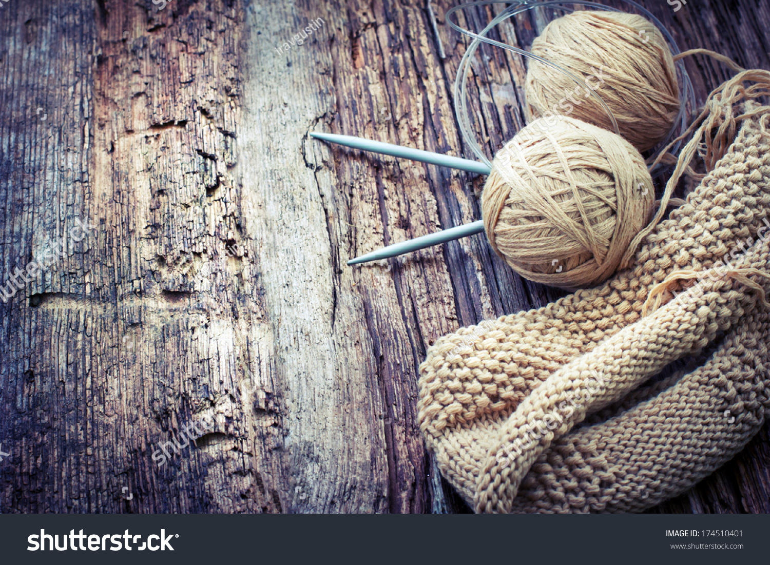 Knitting Needles Yarn On Rustic Wooden Stock Photo 174510401