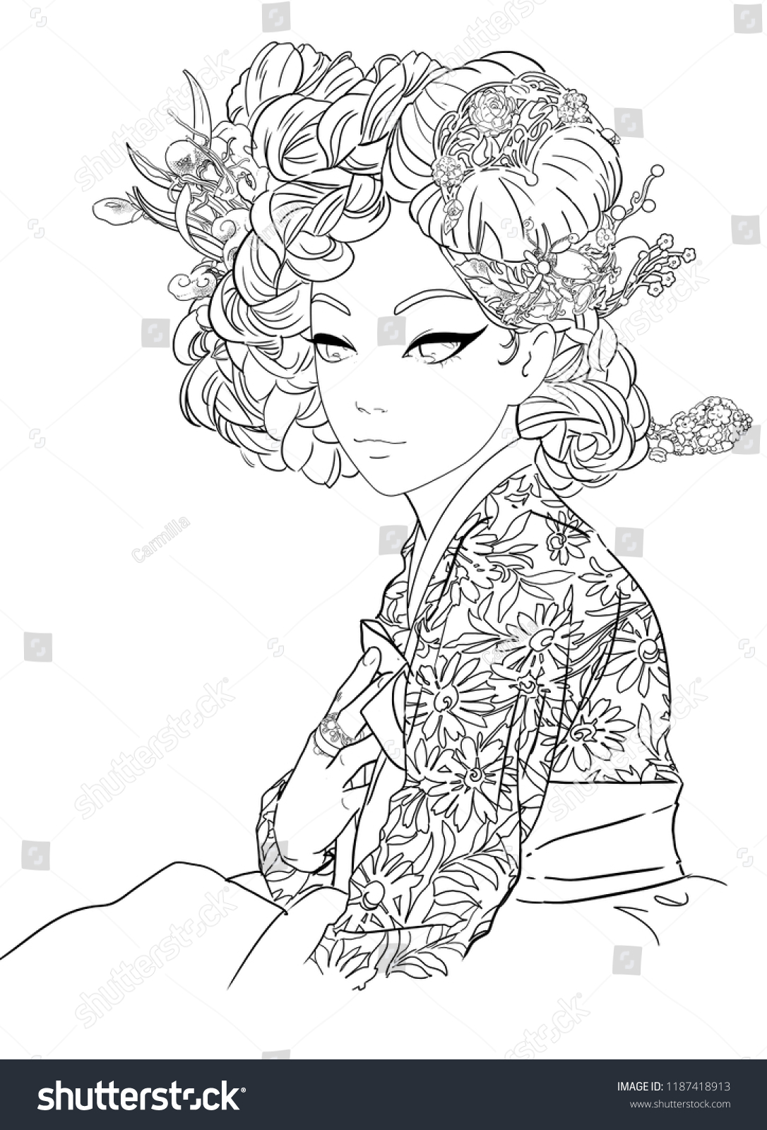 Korean Girl Hanbok Line Art Adult Stock Illustration 1187418913