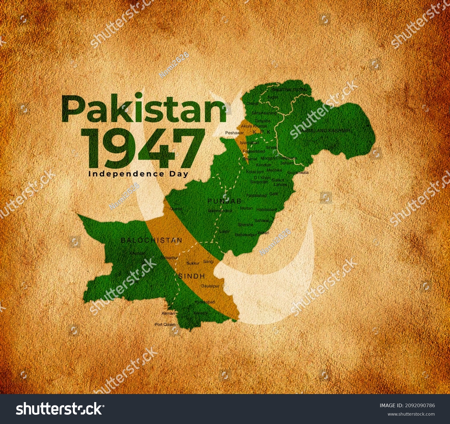 Kraft Paper Map Pakistan 1947 Green Stock Illustration 2092090786