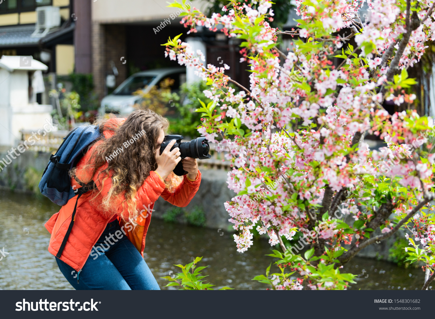 Kyoto Residential Neighborhood Spring Woman Taking Stock Photo Edit Now