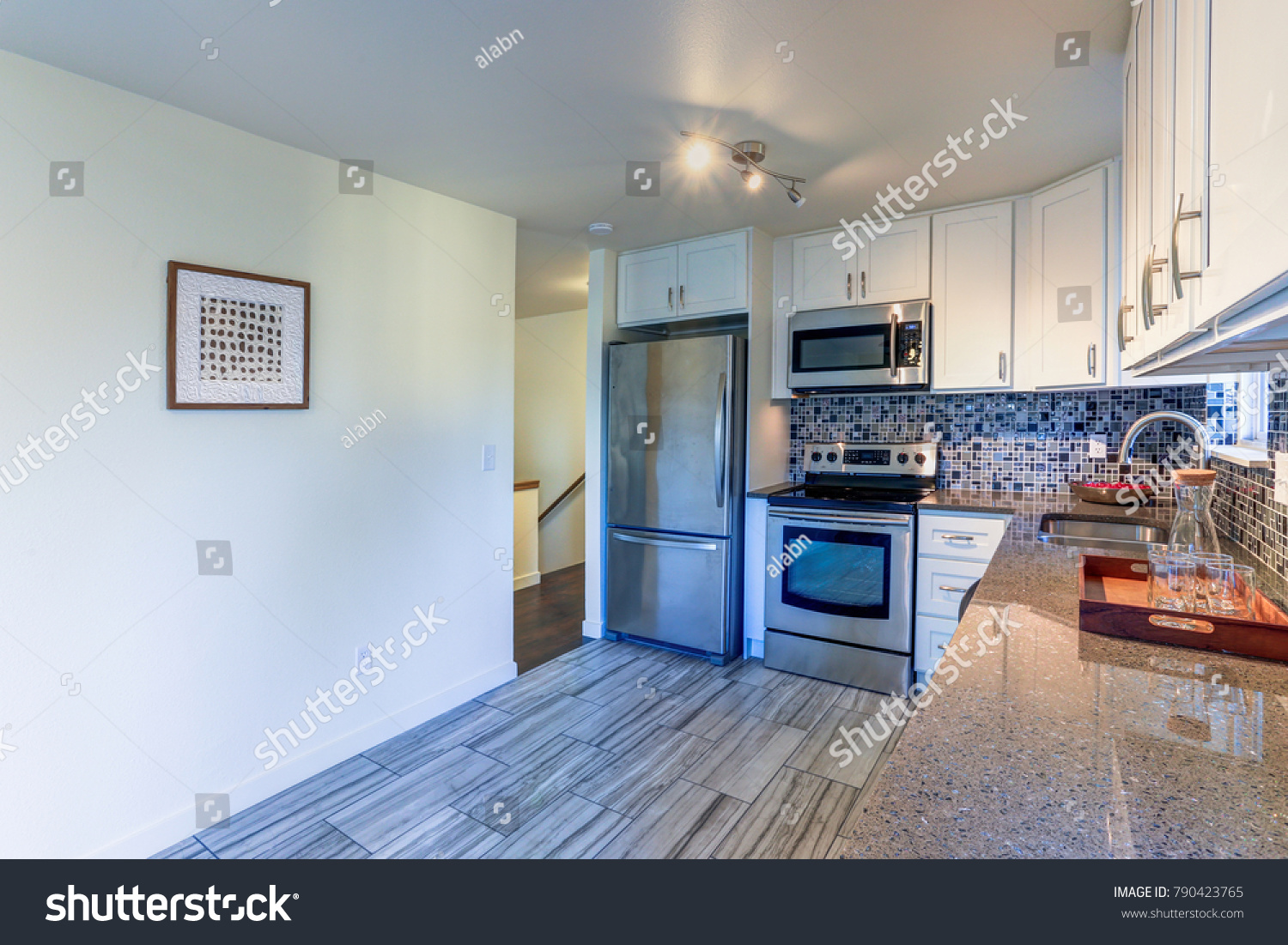 Lshape Kitchen Room Design White Cabinets Stock Photo Edit Now