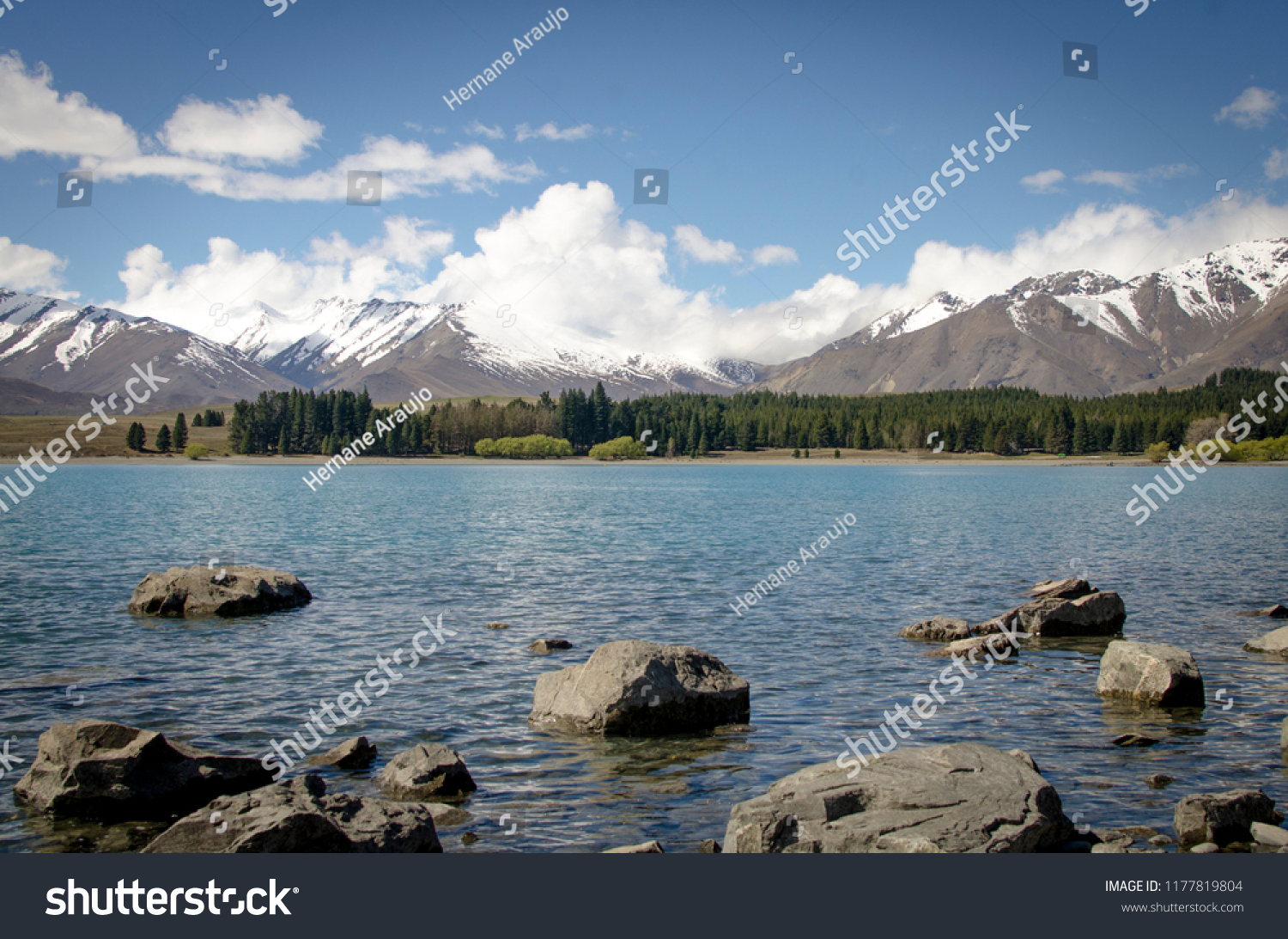 Lake Tekapo New Zealand Snowy Mountains Nature Stock Image