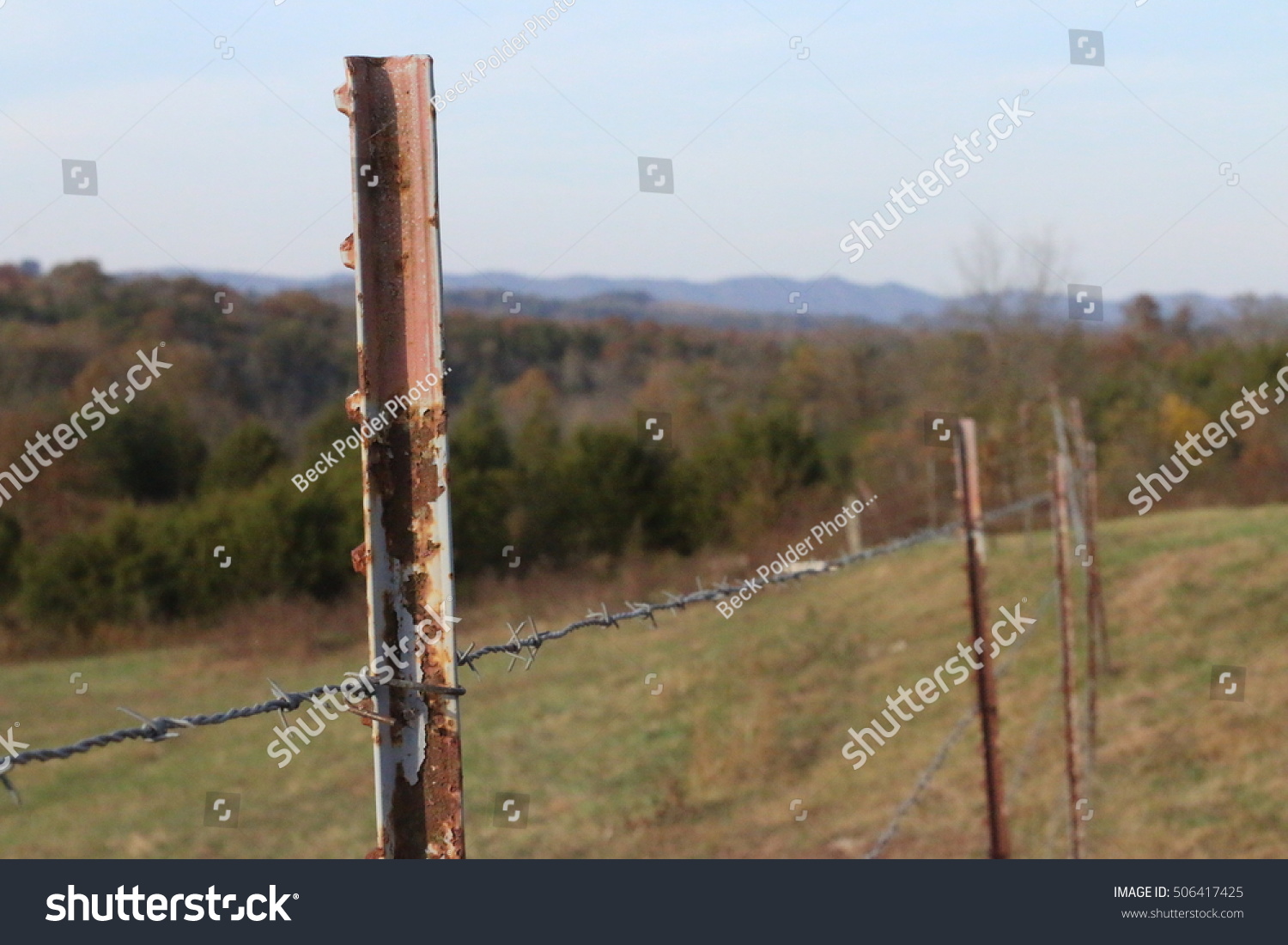 Landscape Barbed Wire Fence Wit Tposts Stock Photo Edit Now