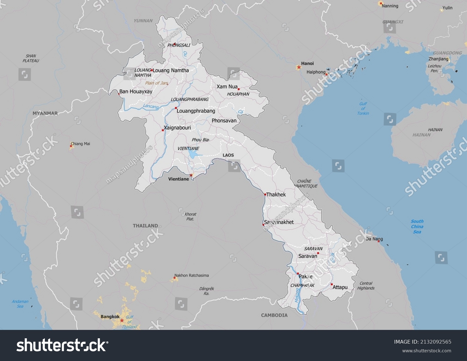 Laos Political Map Neighbors Capital National Stock Illustration   Stock Photo Laos Political Map With Neighbors And Capital National Borders Important Cities Rivers Lakes 2132092565 