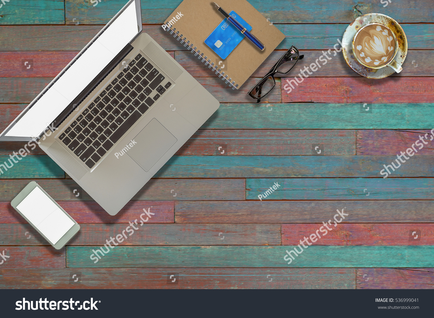 Laptop On Vintage Wooden Desktop Modern Stock Photo Edit