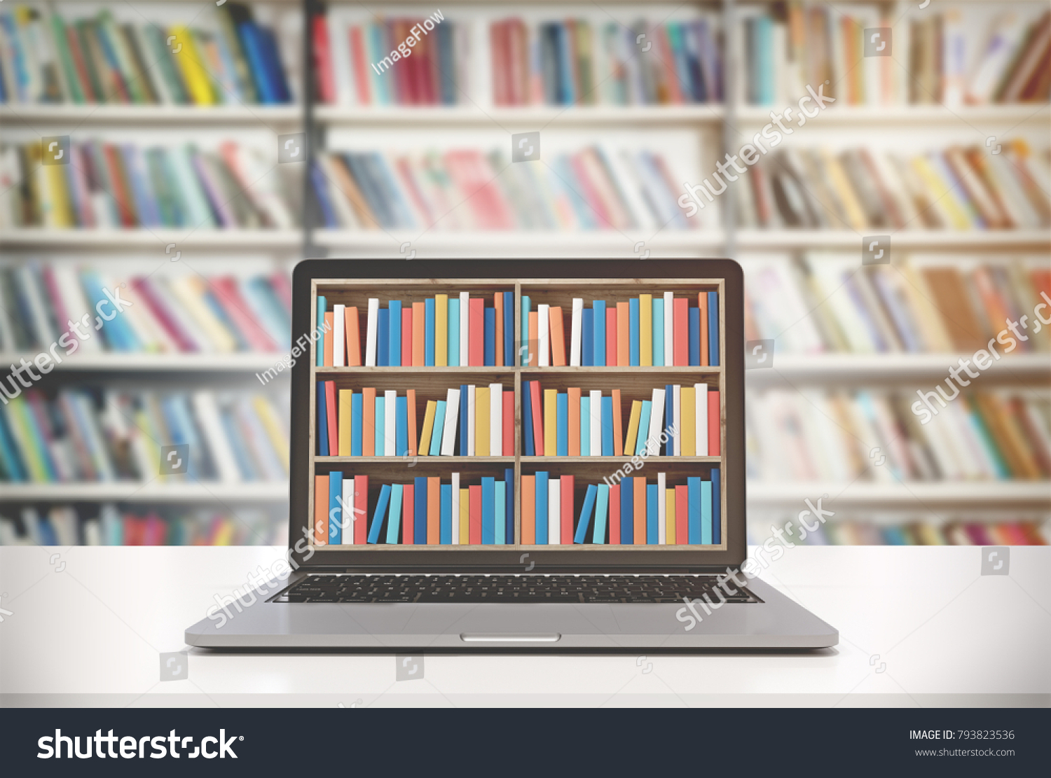 Laptop Bookshelves On Screen Standing On Stock Illustration 793823536