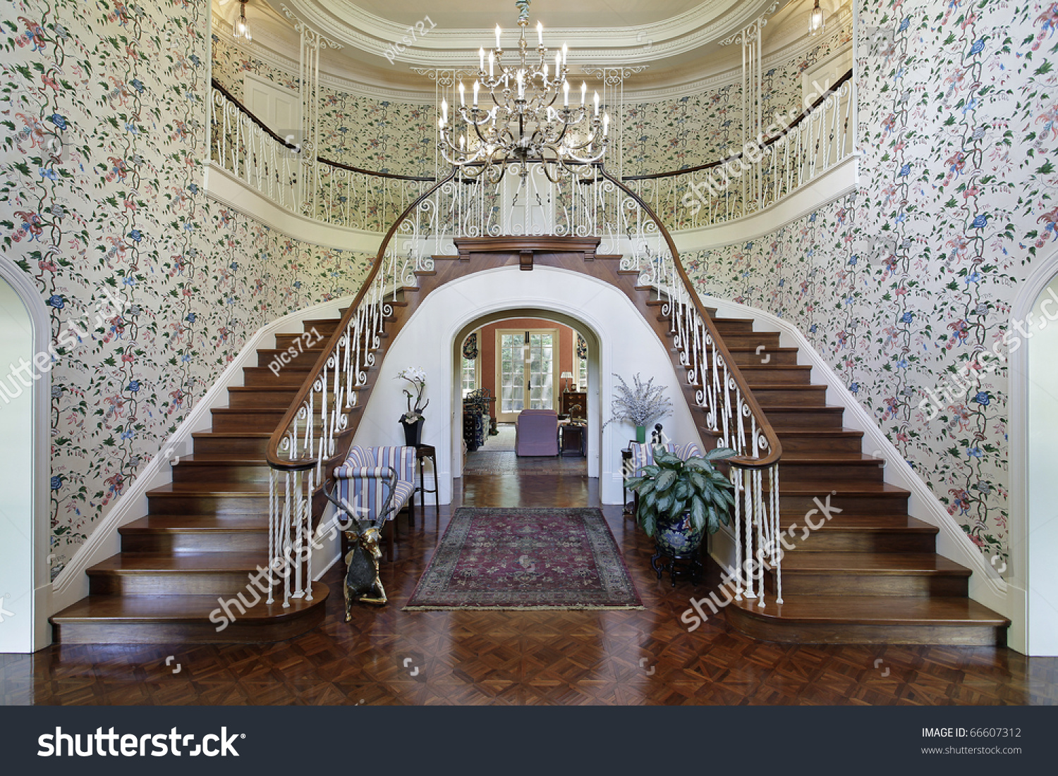 Large foyer luxury home double staircase stock photo 66607312 ...