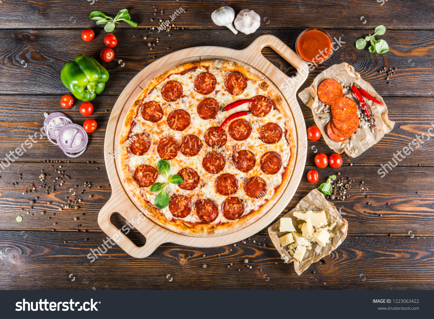 Large Spicy Pizza Salami Pepperoni Sausage Stock Photo Edit Now