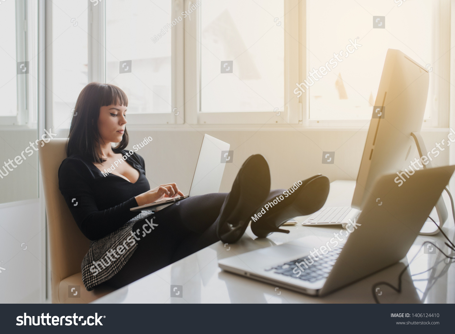 Lateral View Hot Brunete Office Outfit Stock Photo Edit Now