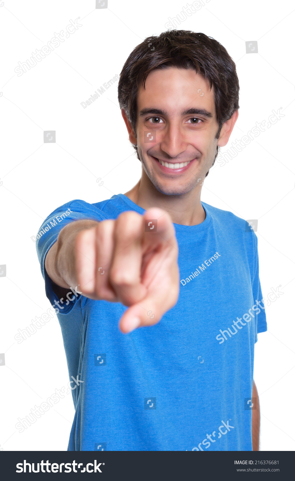 Laughing Spanish Guy Blue Shirt Pointing Stock Photo Edit Now